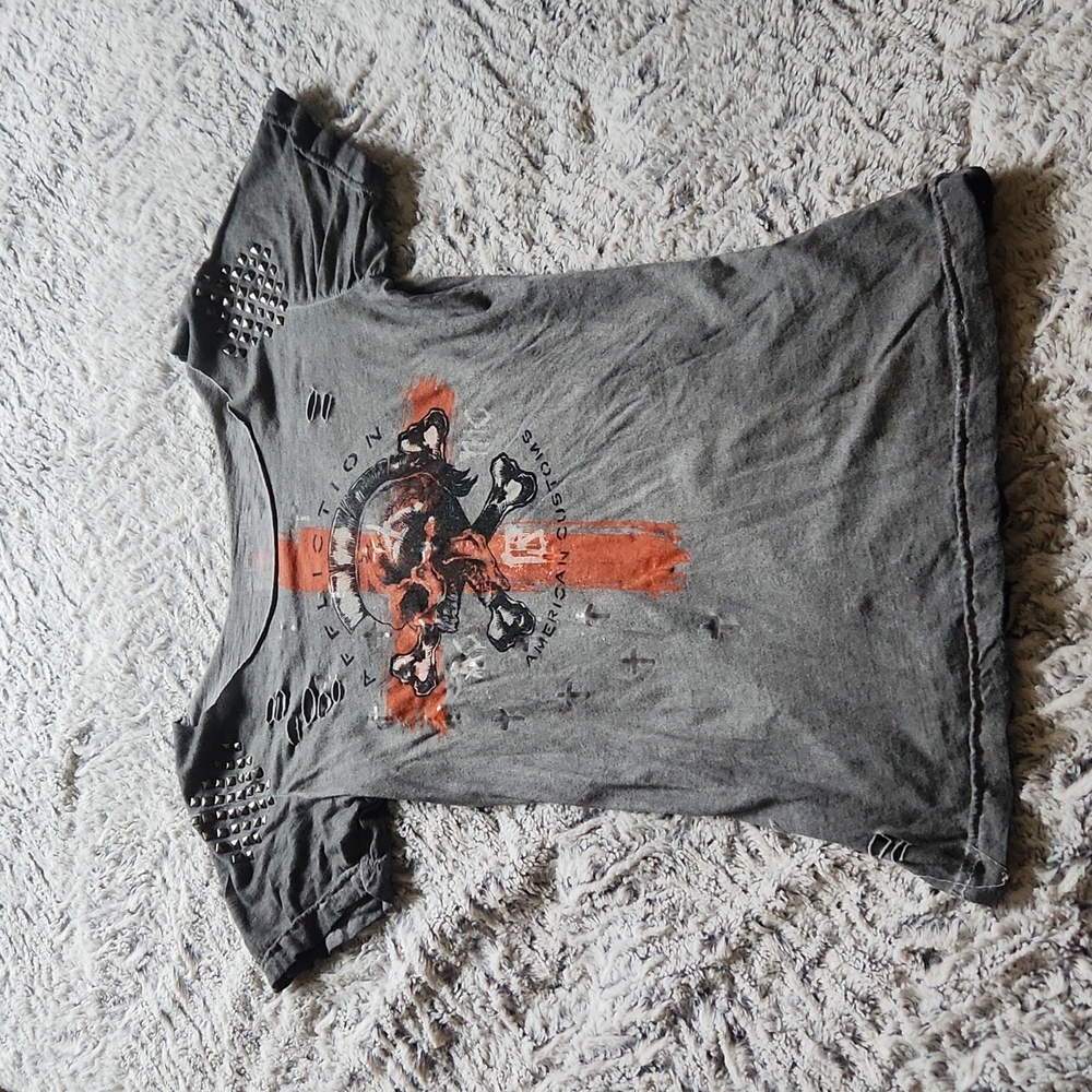 Affliction skull shirt with studded shoulders